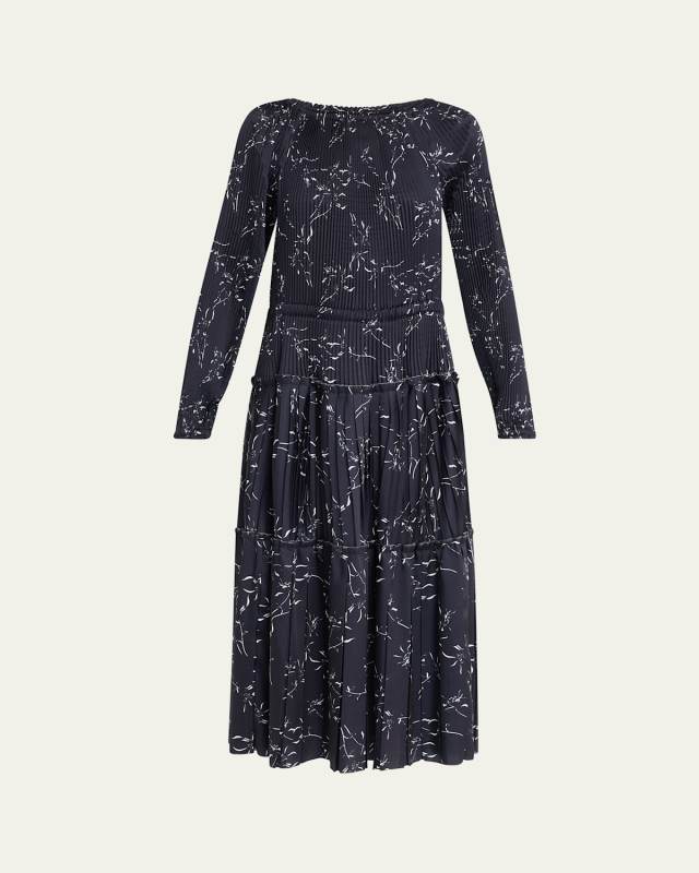 Pleated Long-Sleeve Midi Dress